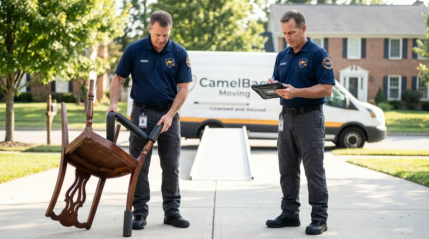 Movers inspecting furniture for damage prevention before loading in Bernardston, MA