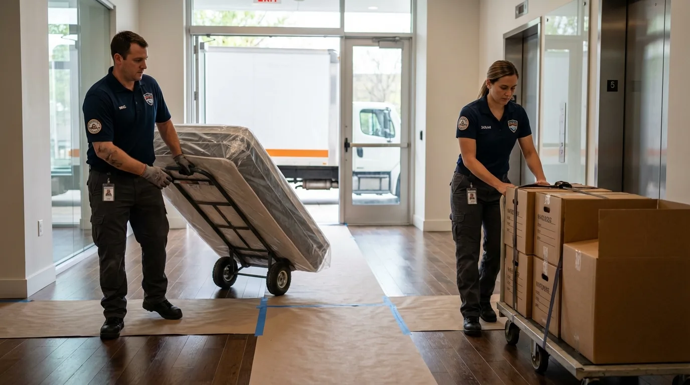 Professional apartment movers loading elevator in Bernardston, MA
