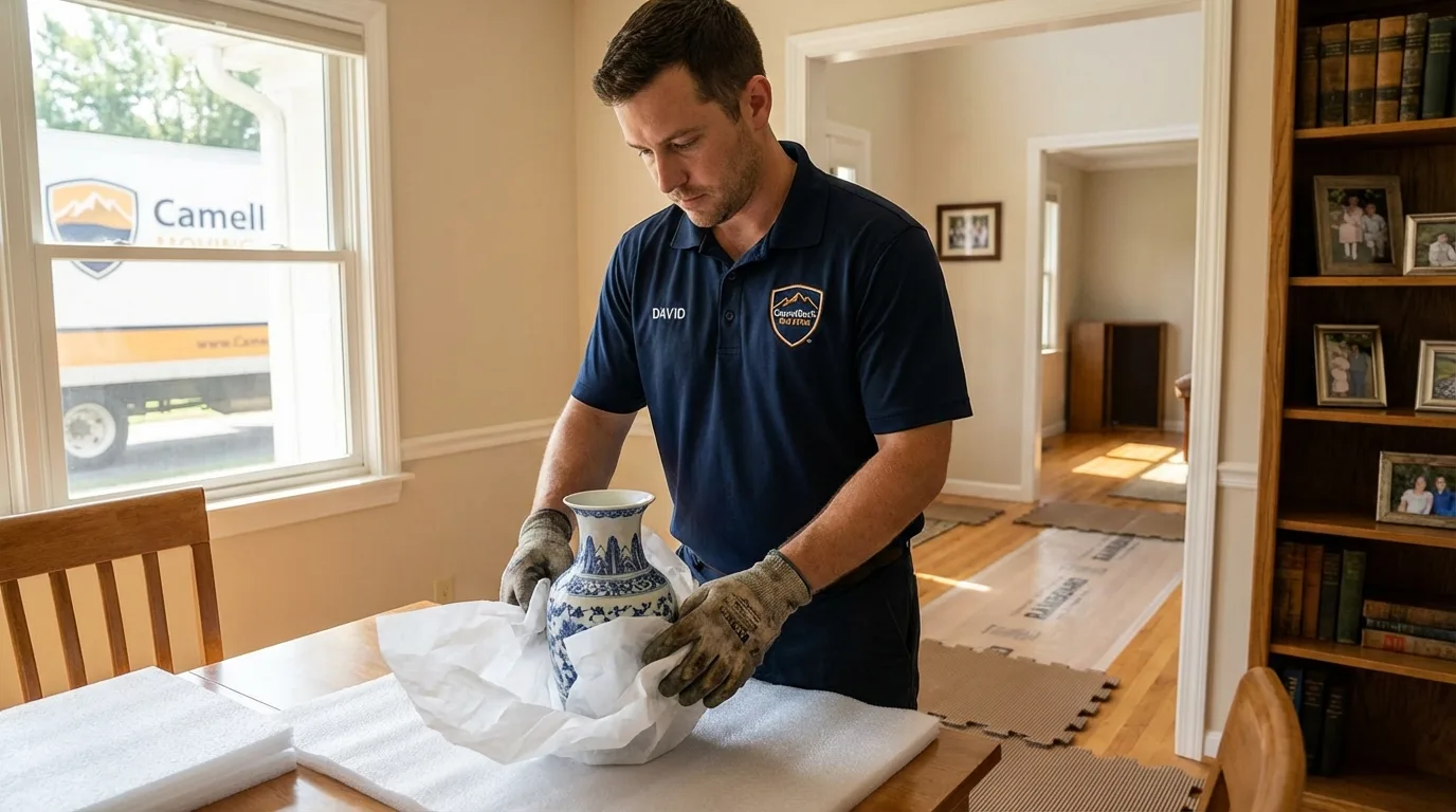 Professional crew carefully wrapping antique vase for senior downsizing move in Bernardston, MA