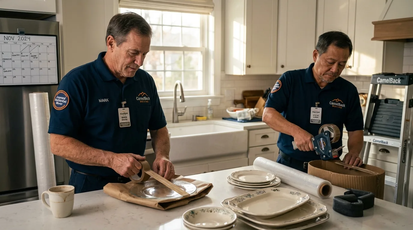 Professional crew packing kitchen dishware in Bernardston, MA